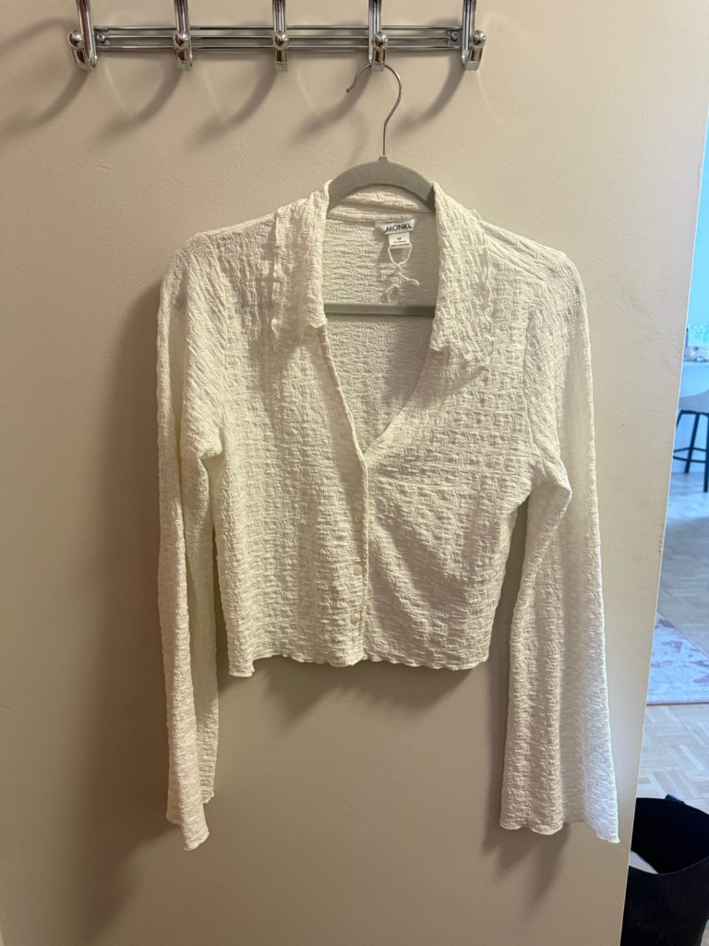 Monki Cream Textured Button-Down Crop Shirt